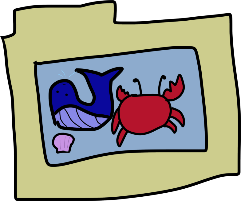  a folder showing a cartoony whale, a crab, and a tiny purple clam/oyster type animal.